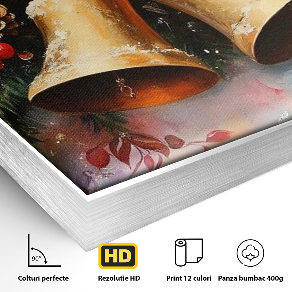 Detaliu al suprafetei: tablou canvas cu clopotei aurii si conuri, in rama de aluminiu argintiu